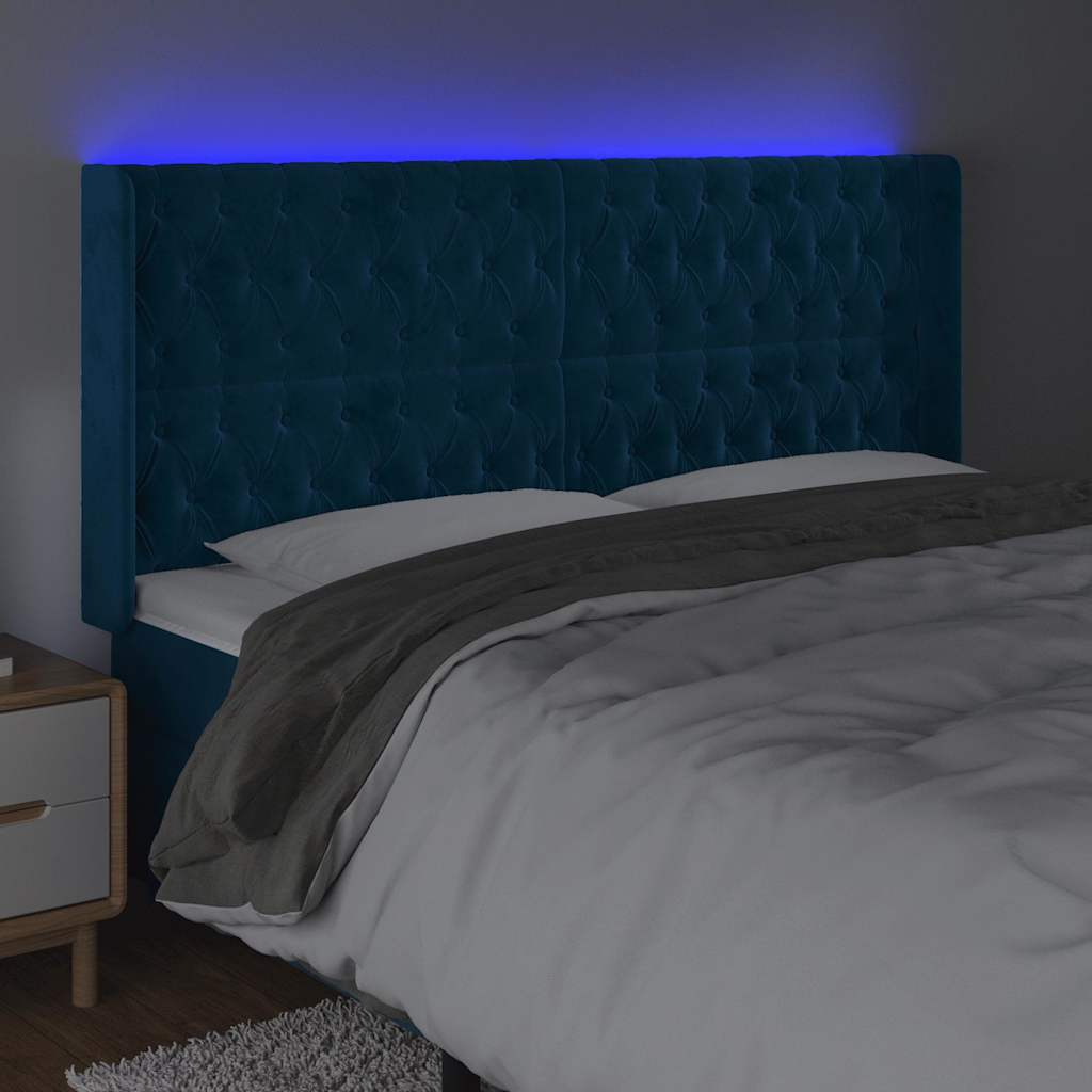 sötétkék bársony LED-es fejtámla 183x16x118/128 cm