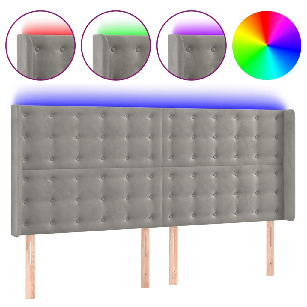 világosszürke bársony LED-es fejtámla 183x16x118/128 cm