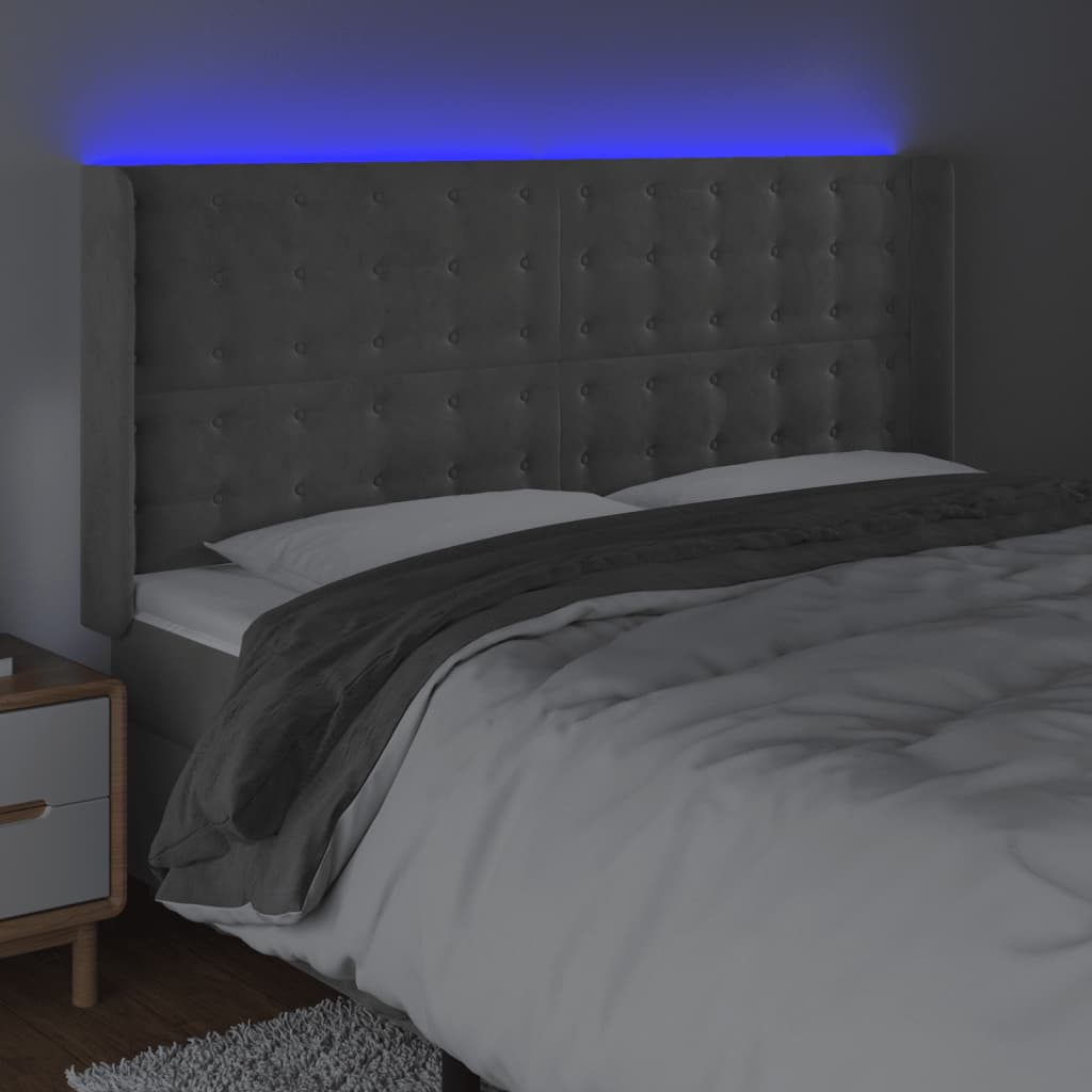 világosszürke bársony LED-es fejtámla 183x16x118/128 cm