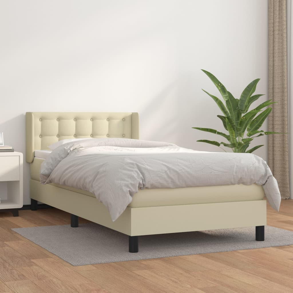 krémszínű műbőr rugós ágy matraccal 90 x 200 cm