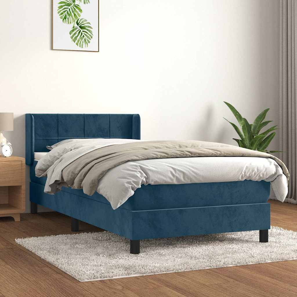 sötétkék bársony rugós ágy matraccal 80 x 200 cm