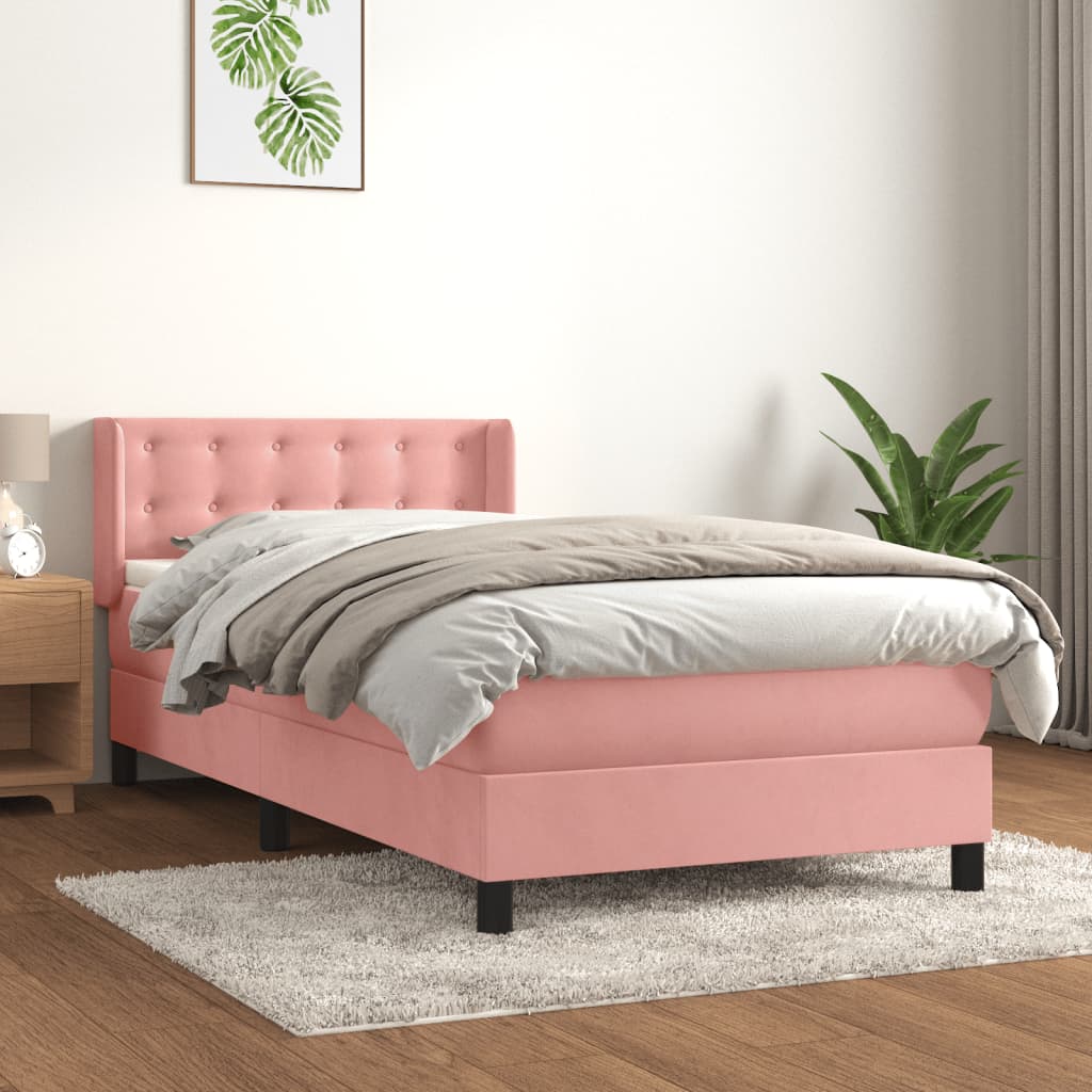 rózsaszín bársony rugós ágy matraccal 90 x 190 cm