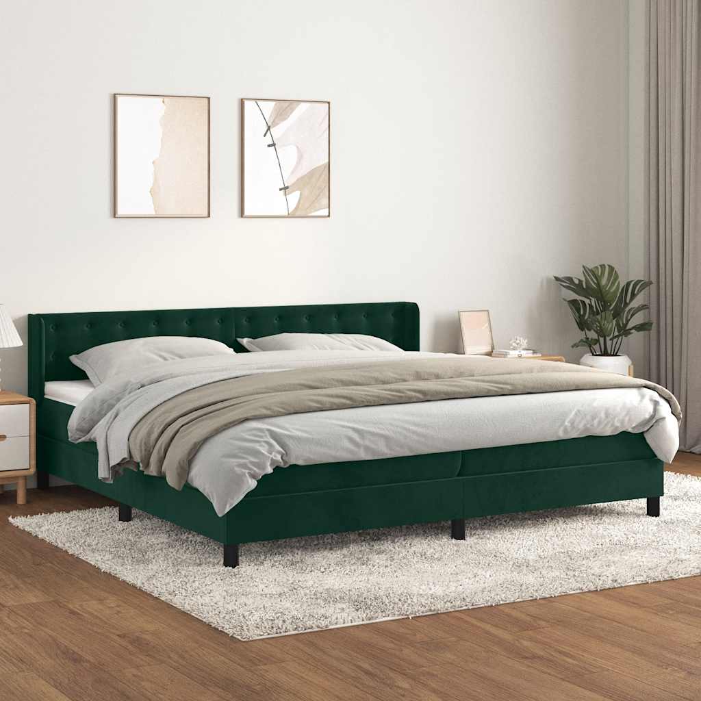 sötétzöld bársony rugós ágy matraccal 200x200 cm