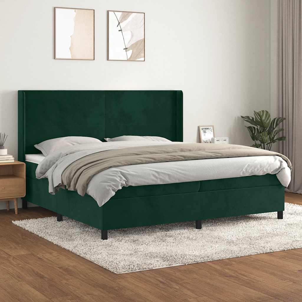 sötétzöld bársony rugós ágy matraccal 200x200 cm