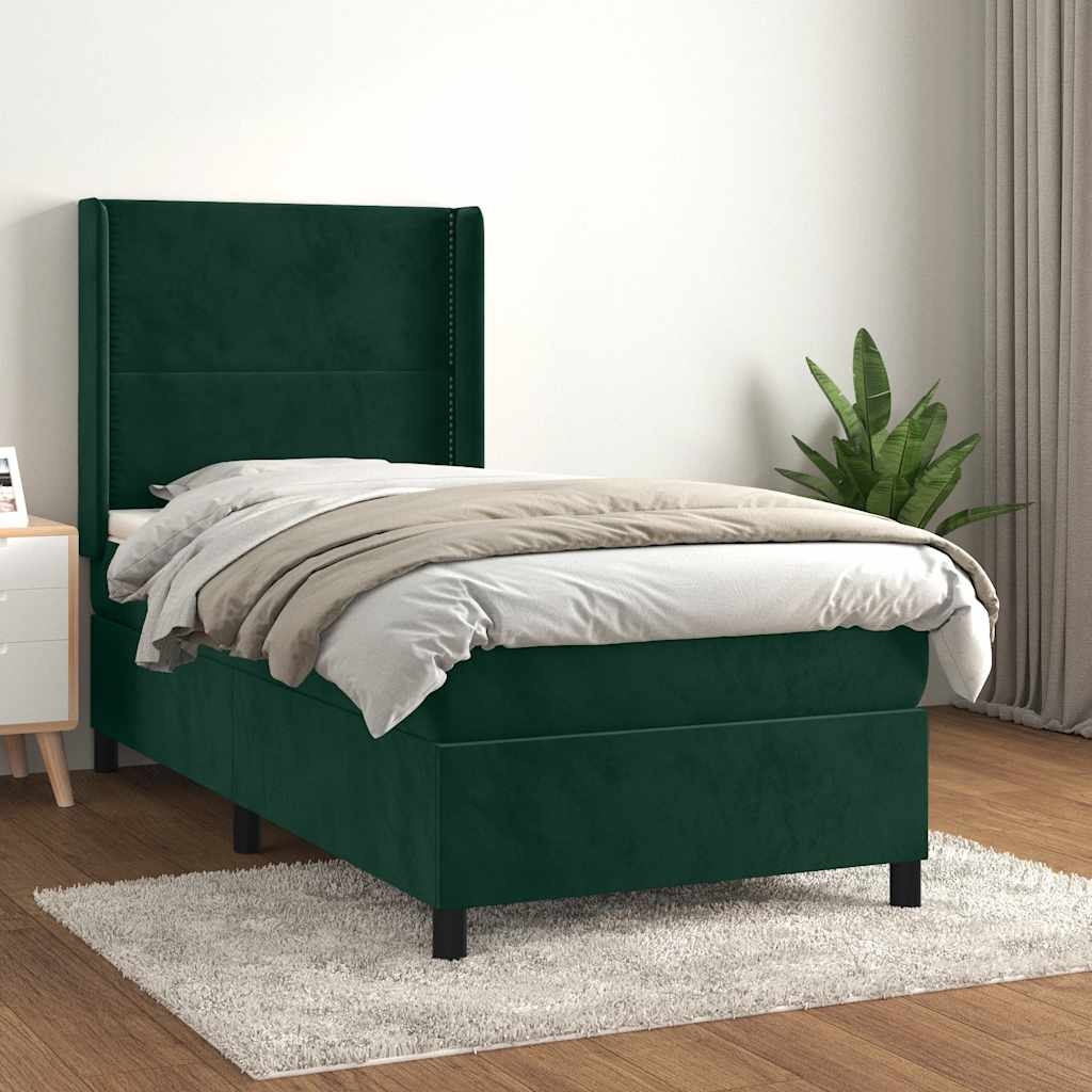 sötétzöld bársony rugós ágy matraccal 90 x 200 cm