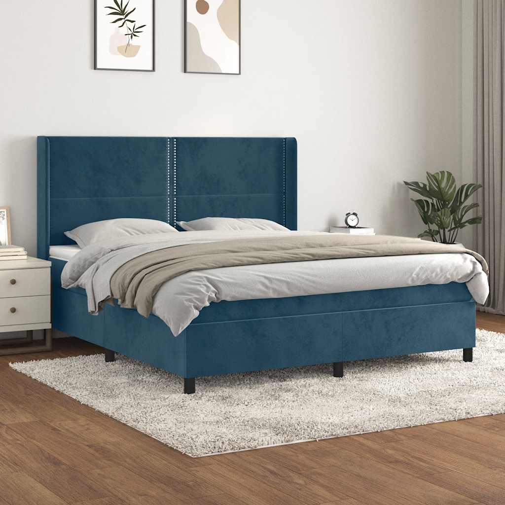 sötétkék bársony rugós ágy matraccal 160x200 cm