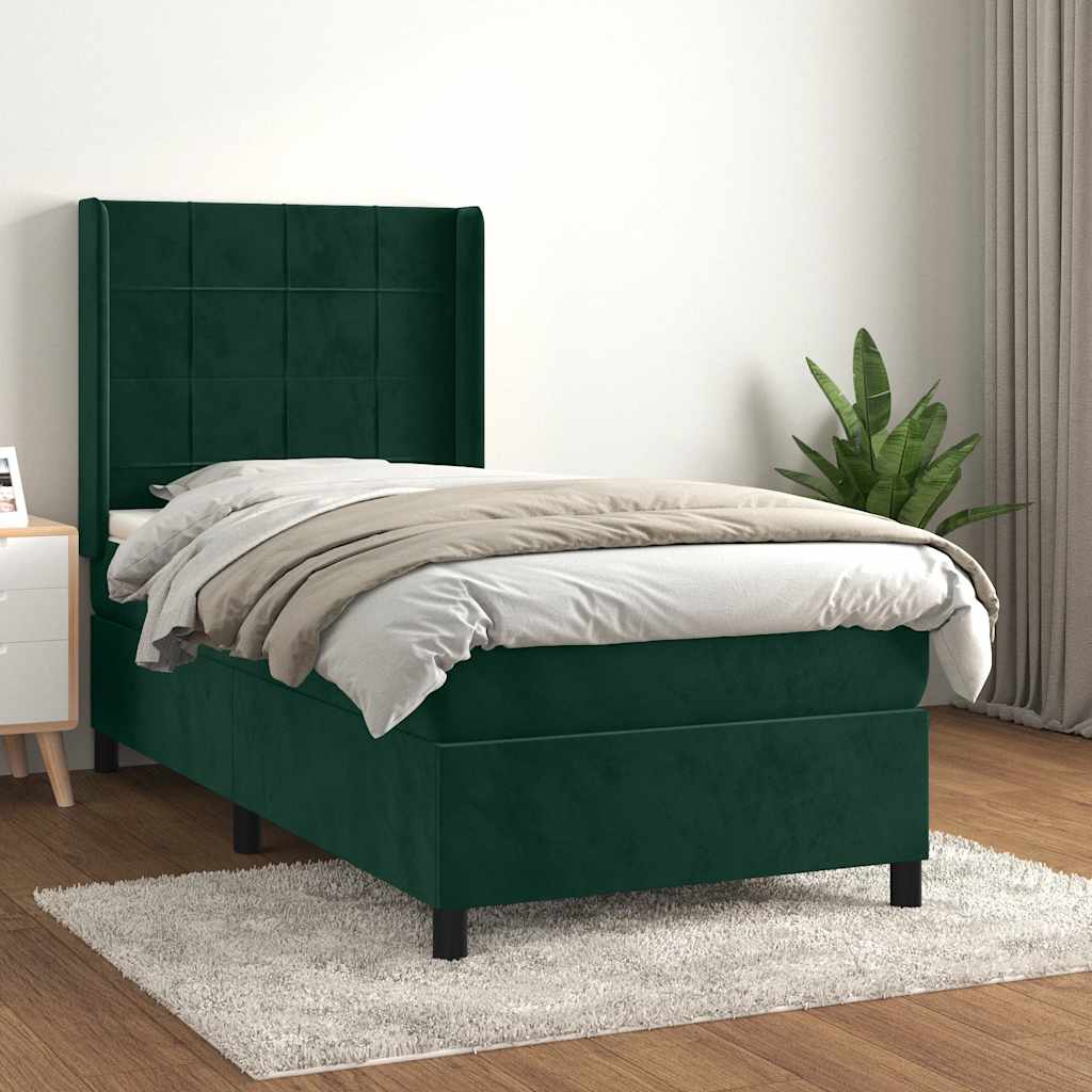 sötétzöld bársony rugós ágy matraccal 90 x 200 cm