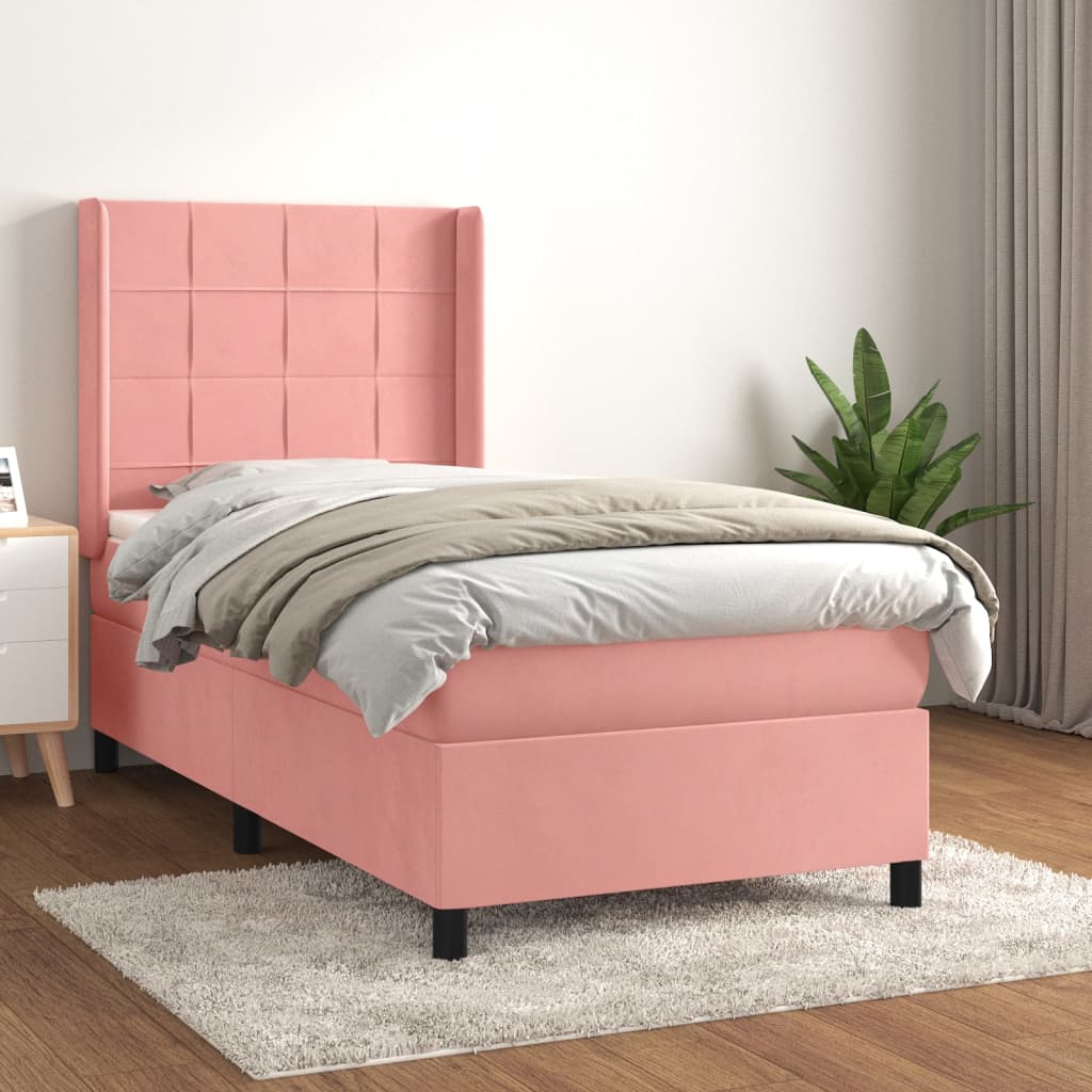 rózsaszín bársony rugós ágy matraccal 90 x 200 cm