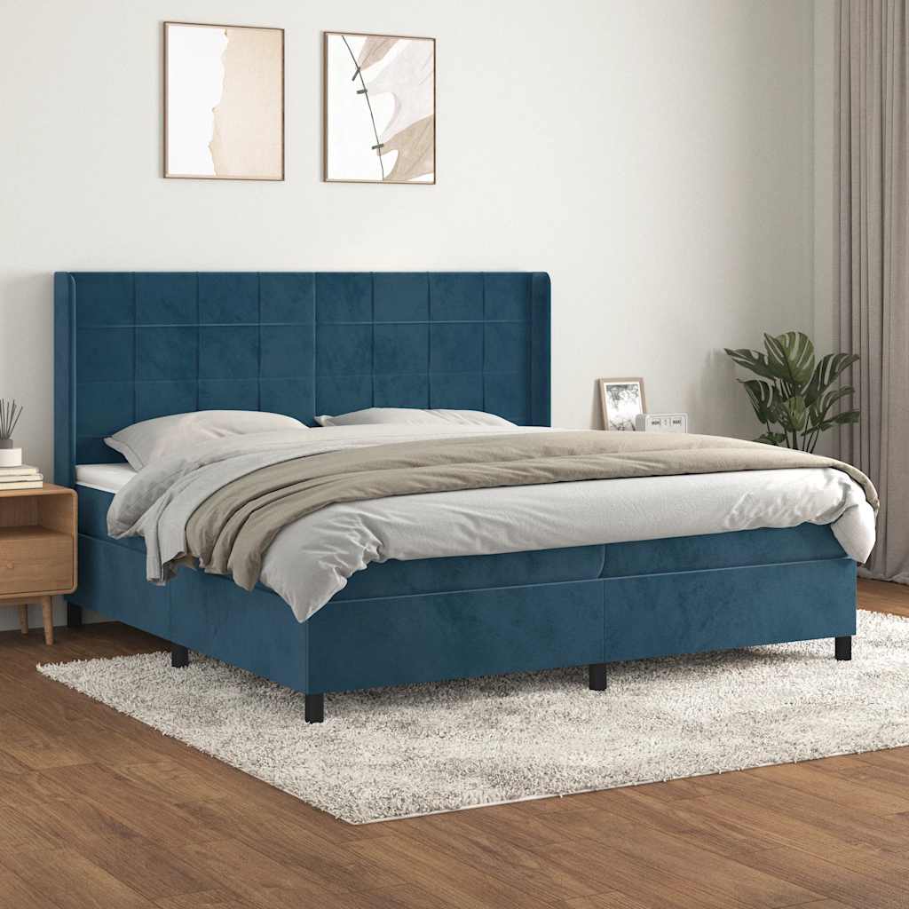 sötétkék bársony rugós ágy matraccal 200x200 cm