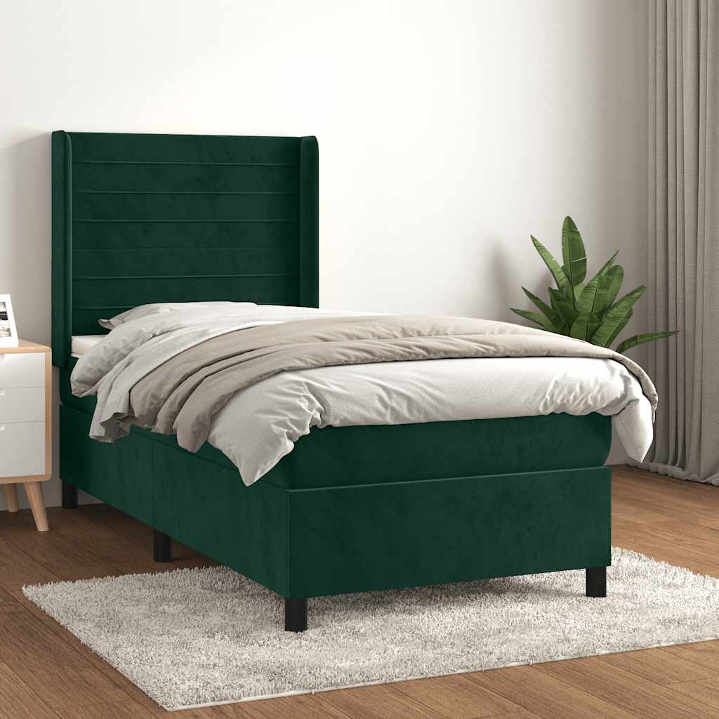 sötétzöld bársony rugós ágy matraccal 90 x 200 cm