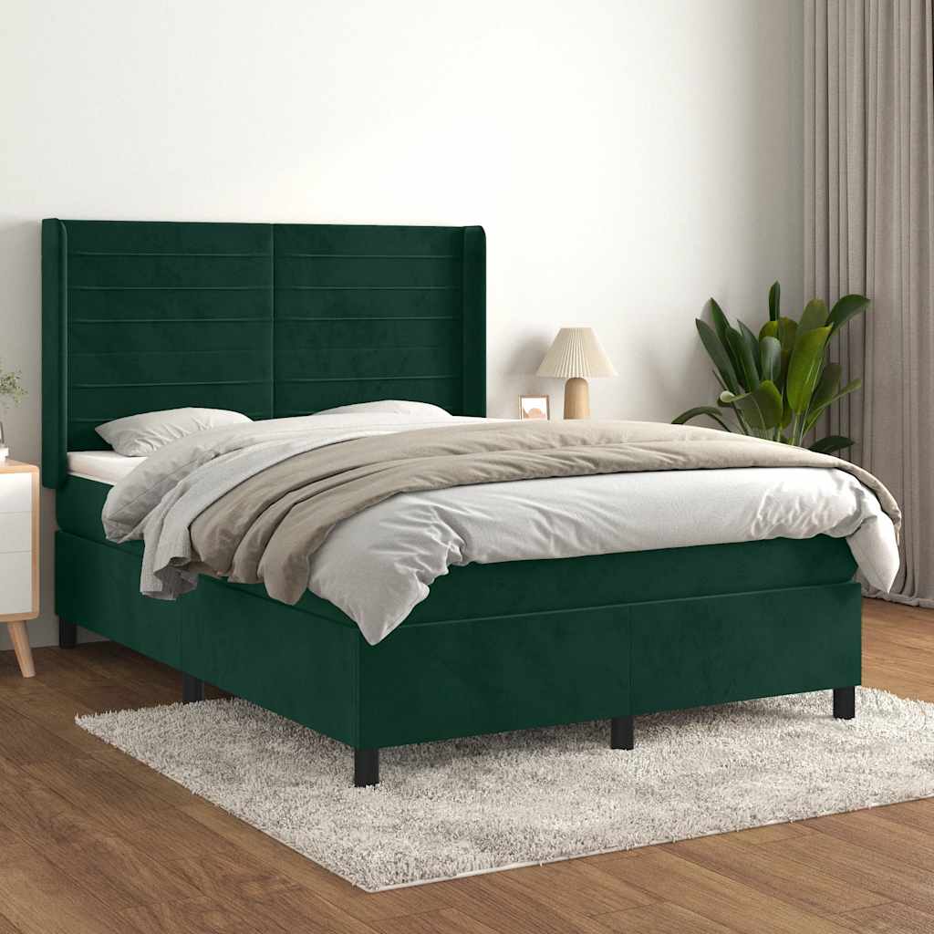 sötétzöld bársony rugós ágy matraccal 140x190 cm