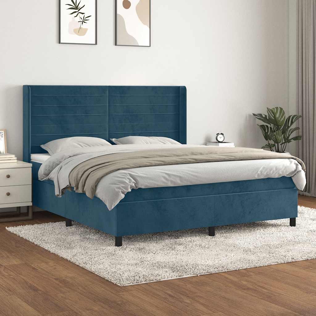 sötétkék bársony rugós ágy matraccal 160x200 cm