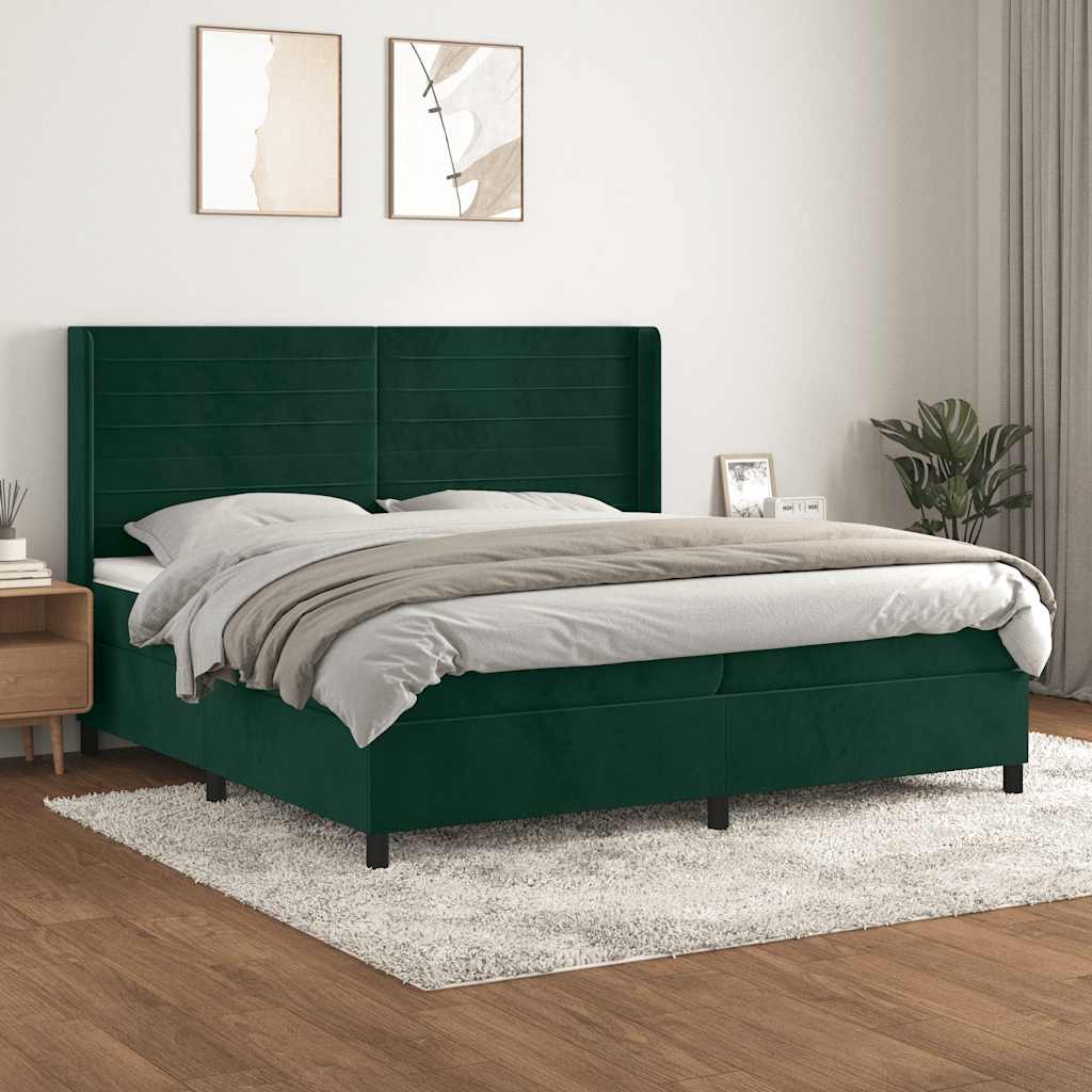 sötétzöld bársony rugós ágy matraccal 200x200 cm