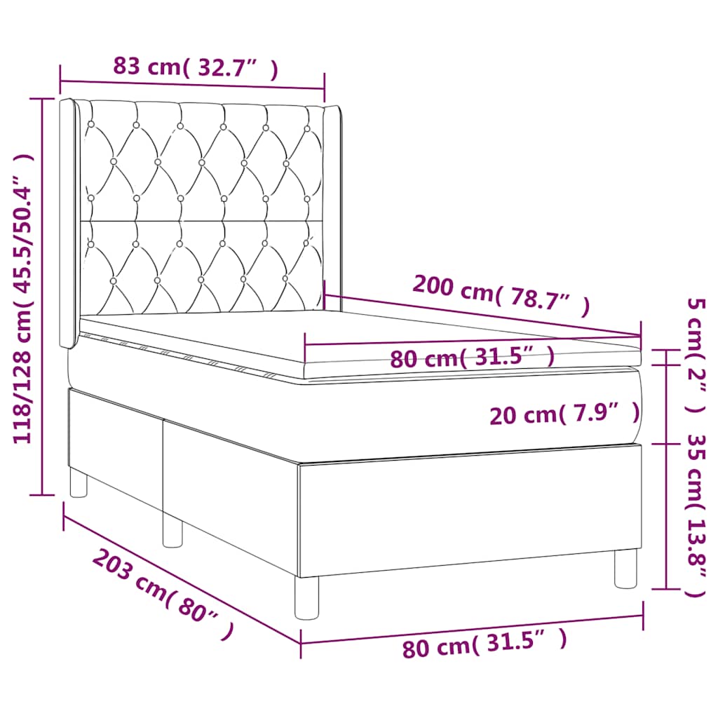 sötétkék bársony rugós ágy matraccal 80 x 200 cm