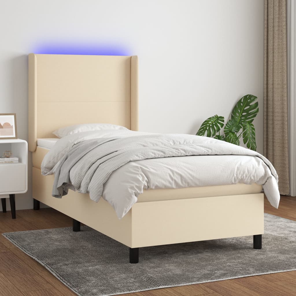 krémszínű szövet rugós és LED-es ágy matraccal 80 x 200 cm