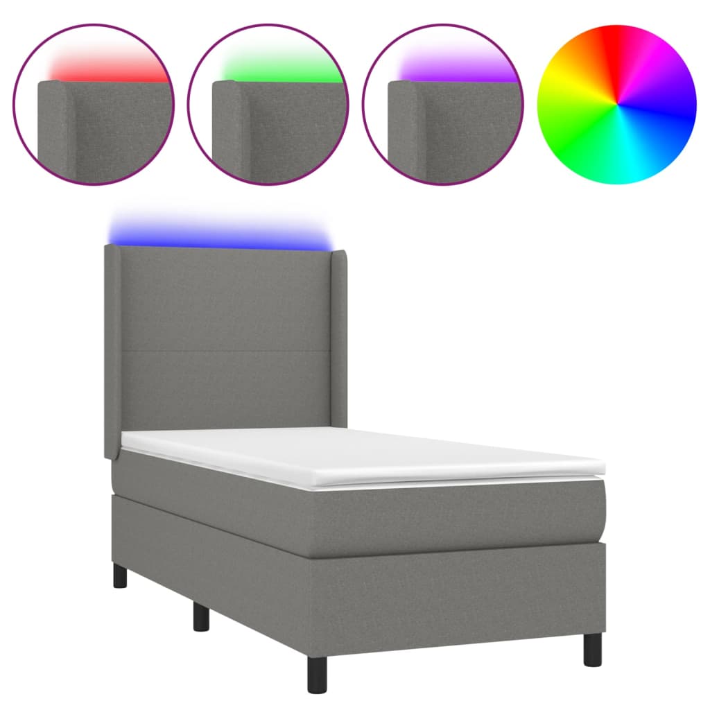 sötétszürke szövet rugós és LED-es ágy matraccal 90x190 cm