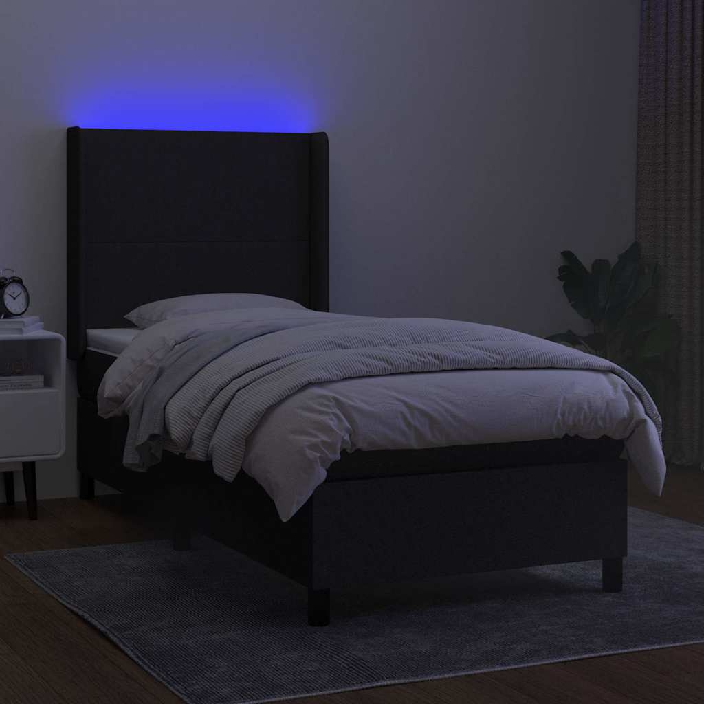 fekete szövet rugós és LED-es ágy matraccal 90x190 cm