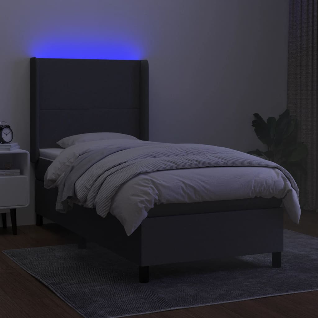 sötétszürke szövet rugós és LED-es ágy matraccal 90x200 cm