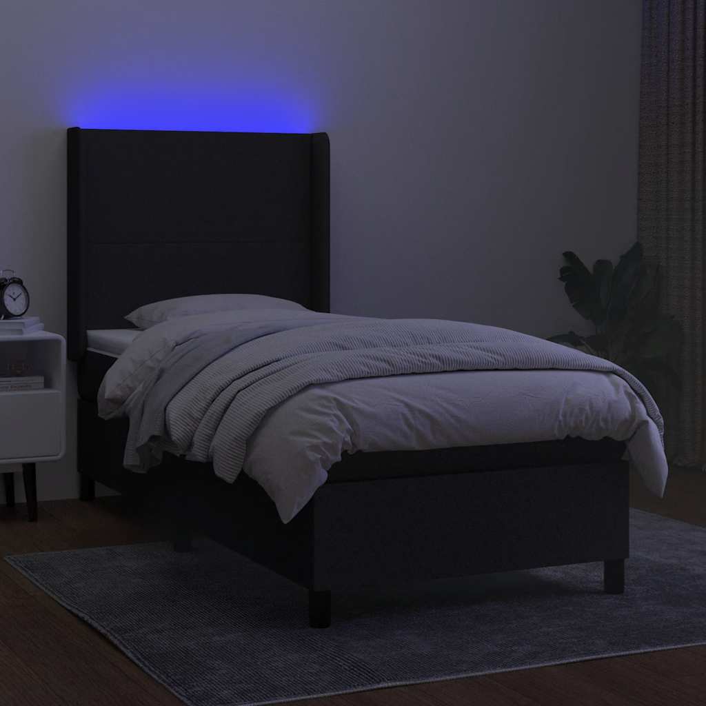 fekete szövet rugós és LED-es ágy matraccal 90x200 cm