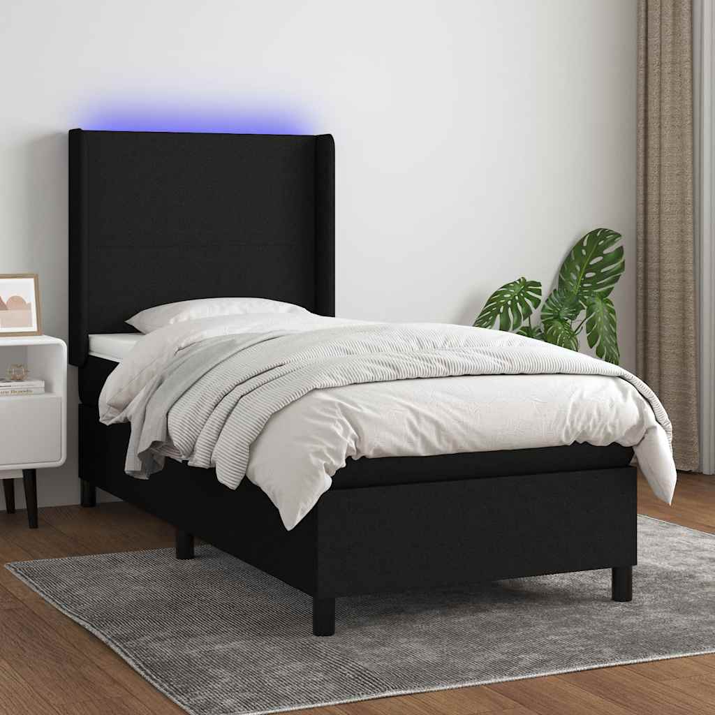 fekete szövet rugós és LED-es ágy matraccal 90x200 cm