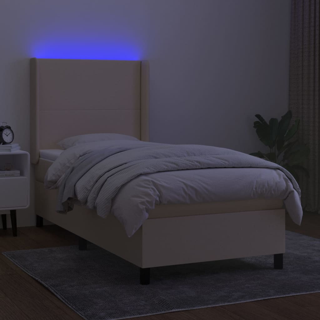 krémszínű szövet rugós és LED-es ágy matraccal 90x200 cm