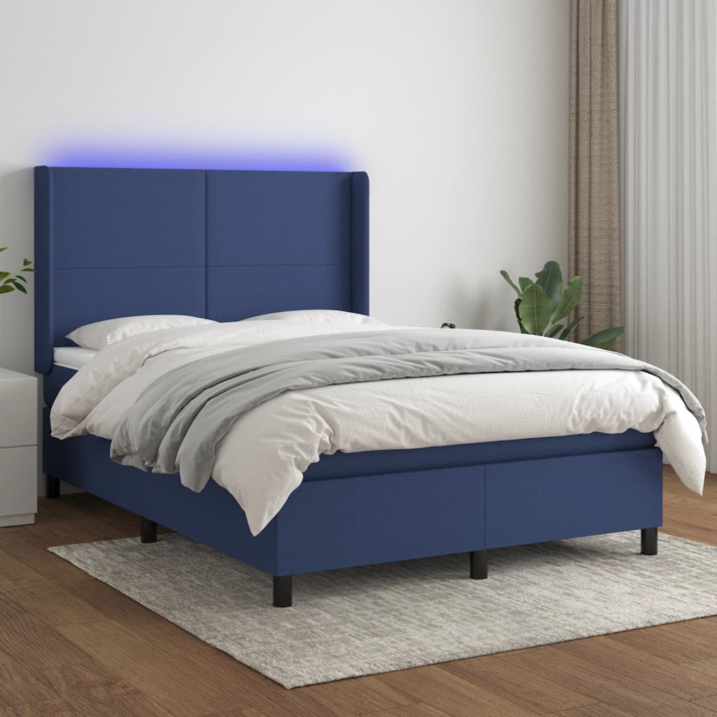 kék szövet rugós és LED-es ágy matraccal 140x190 cm