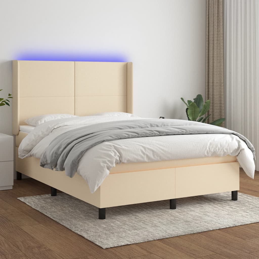 krémszínű szövet rugós és LED-es ágy matraccal 140x200 cm