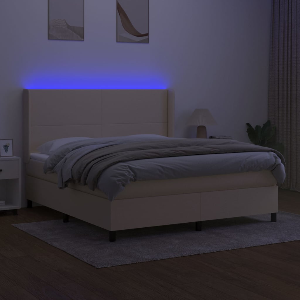 krémszínű szövet rugós és LED-es ágy matraccal 160x200 cm