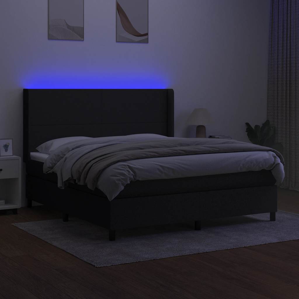 fekete szövet rugós és LED-es ágy matraccal 180 x 200 cm