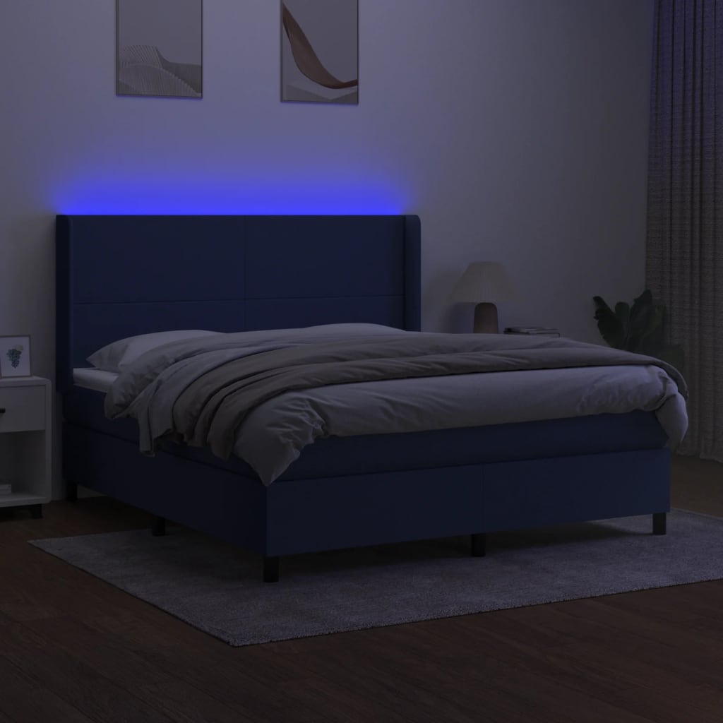 kék szövet rugós és LED-es ágy matraccal 180 x 200 cm