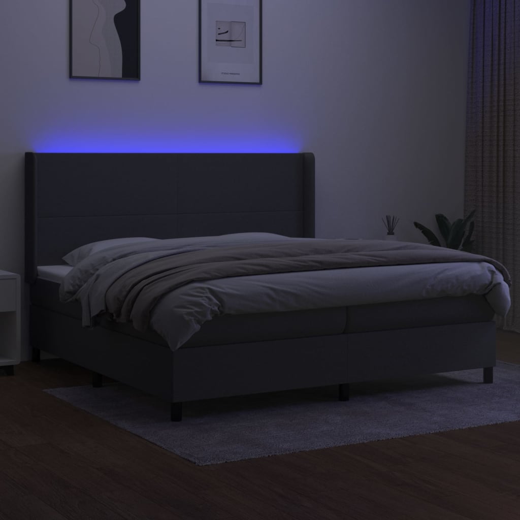sötétszürke szövet rugós és LED-es ágy matraccal 200x200 cm