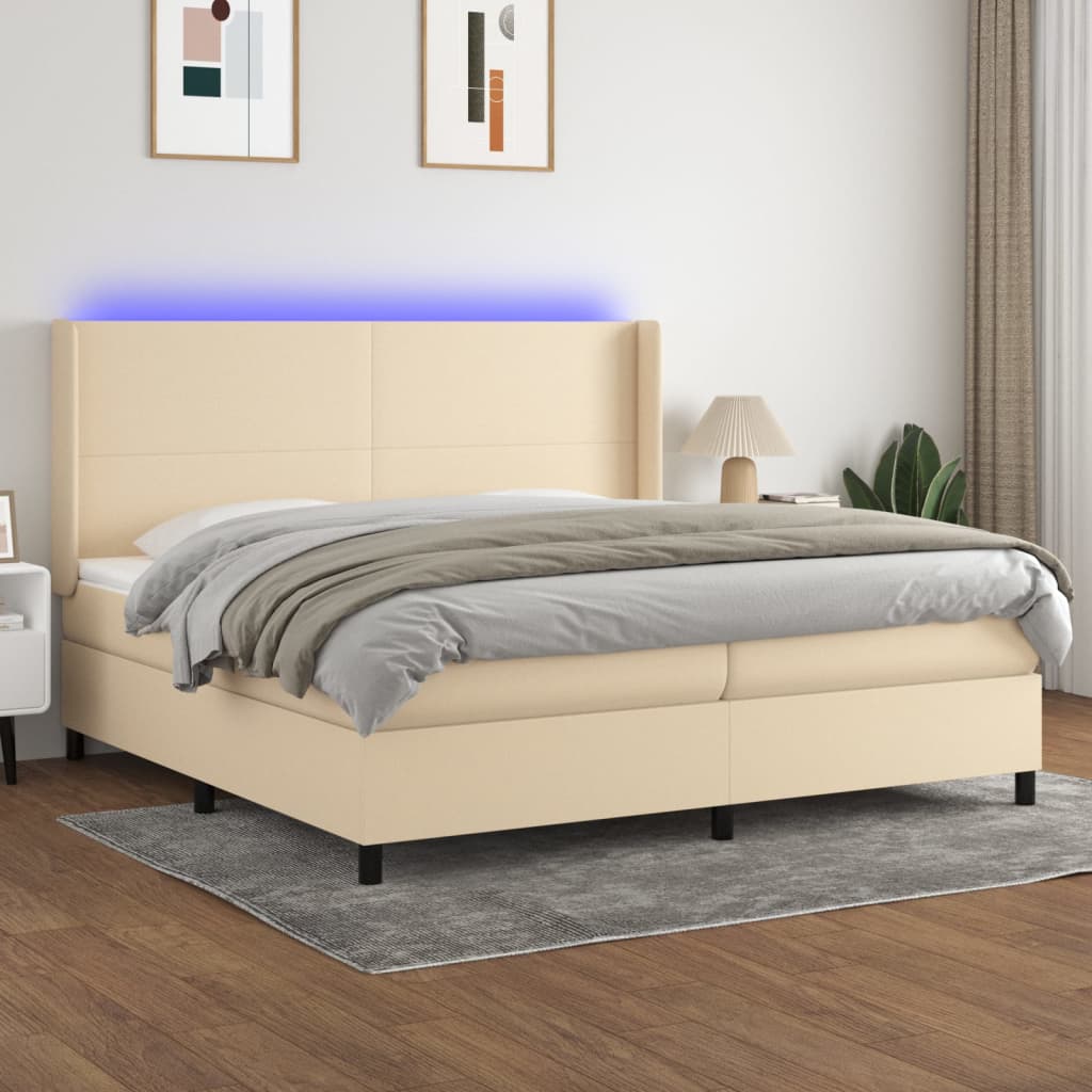 krémszínű szövet rugós és LED-es ágy matraccal 200 x 200 cm