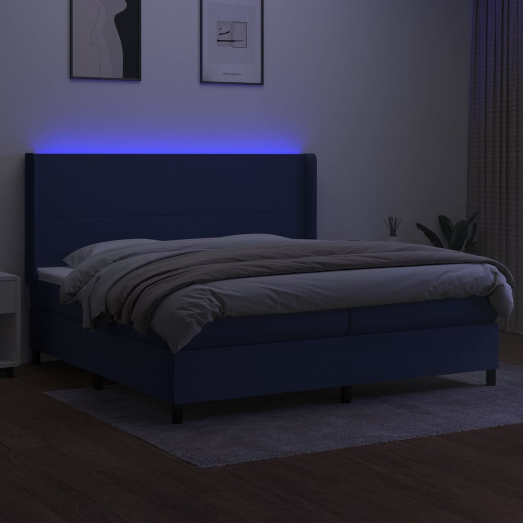 kék szövet rugós és LED-es ágy matraccal 200 x 200 cm