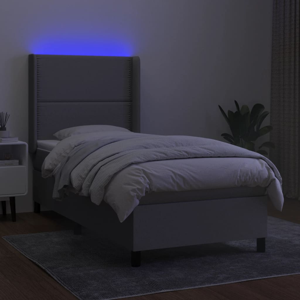 világosszürke szövet rugós és LED-es ágy matraccal 90x190 cm