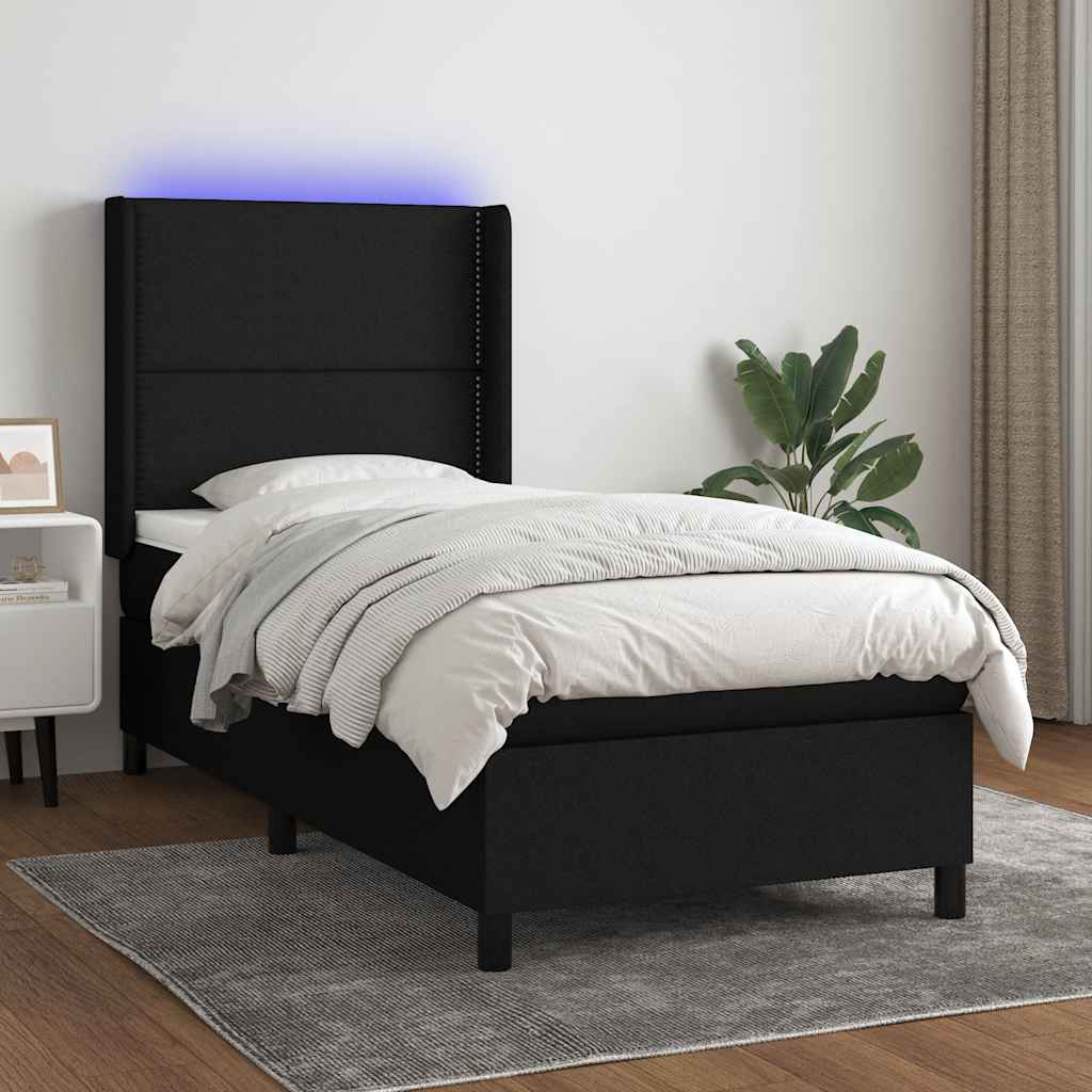 fekete szövet rugós és LED-es ágy matraccal 90x190 cm