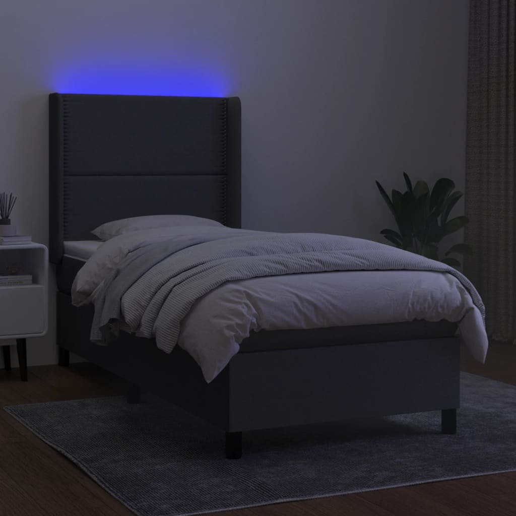 sötétszürke szövet rugós és LED-es ágy matraccal 90x200 cm