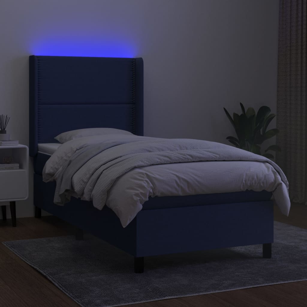 kék szövet rugós és LED-es ágy matraccal 90x200 cm