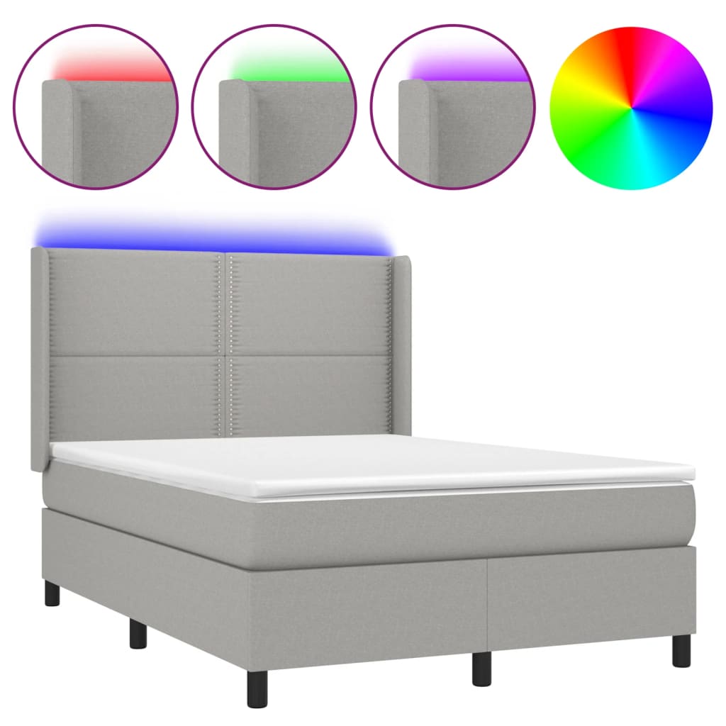 világosszürke szövet rugós és LED-es ágy matraccal 140x190 cm