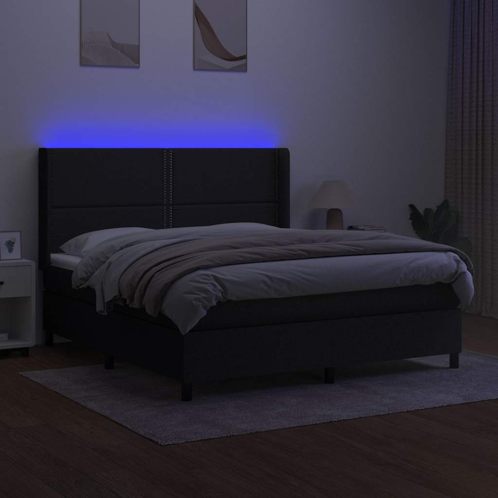 fekete szövet rugós és LED-es ágy matraccal 180 x 200 cm