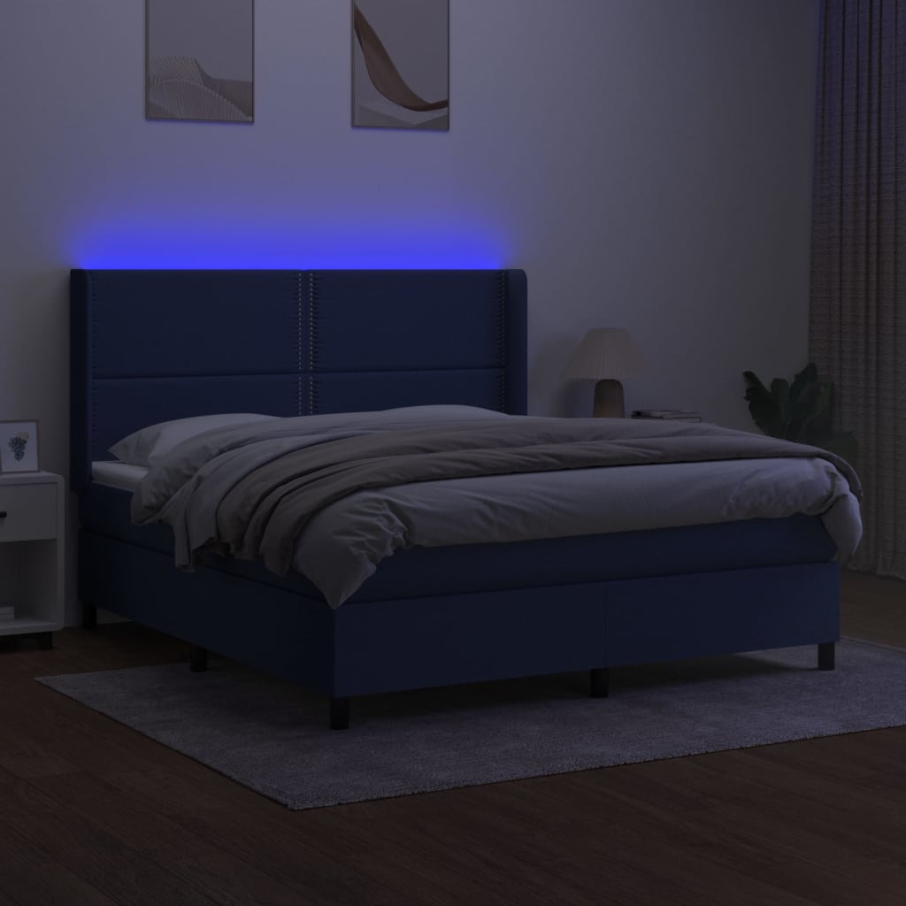 kék szövet rugós és LED-es ágy matraccal 180 x 200 cm