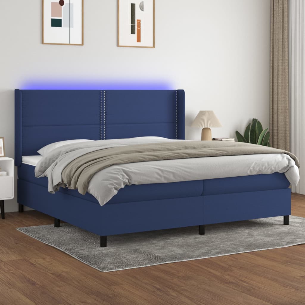 kék szövet rugós és LED-es ágy matraccal 200 x 200 cm