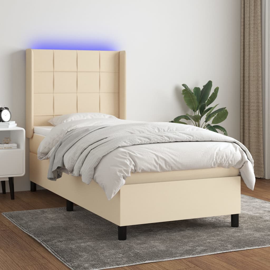 krémszínű szövet rugós és LED-es ágy matraccal 90x200 cm