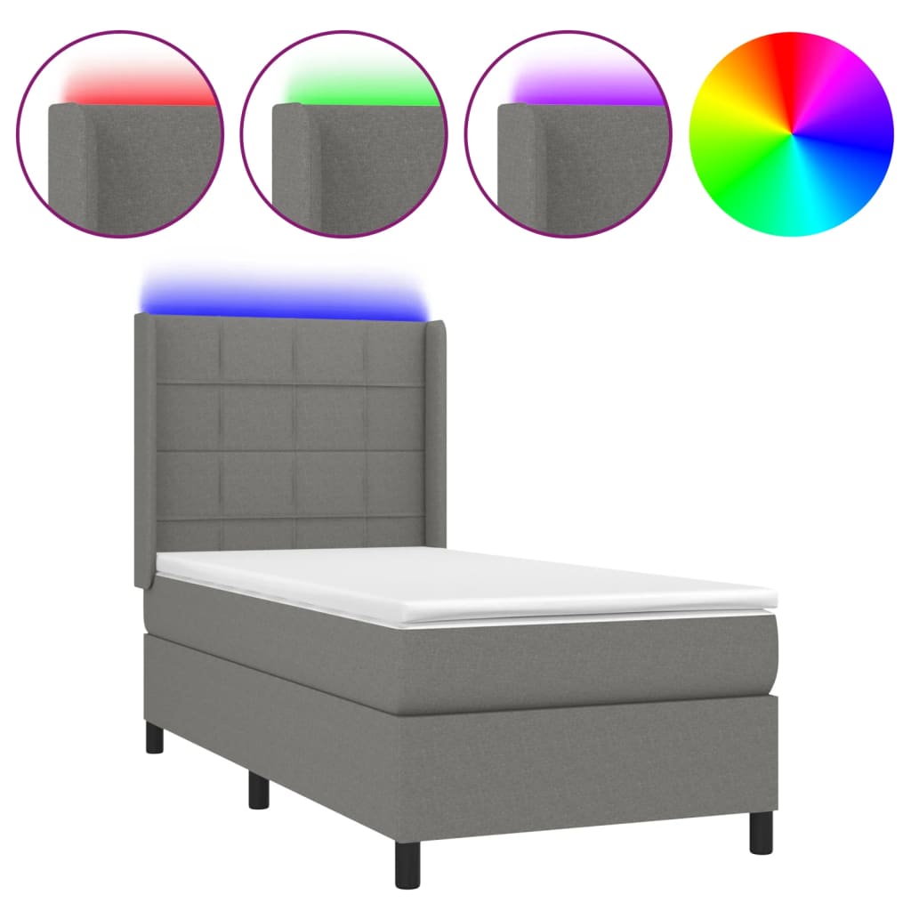 sötétszürke szövet rugós és LED-es ágy matraccal 100x200 cm