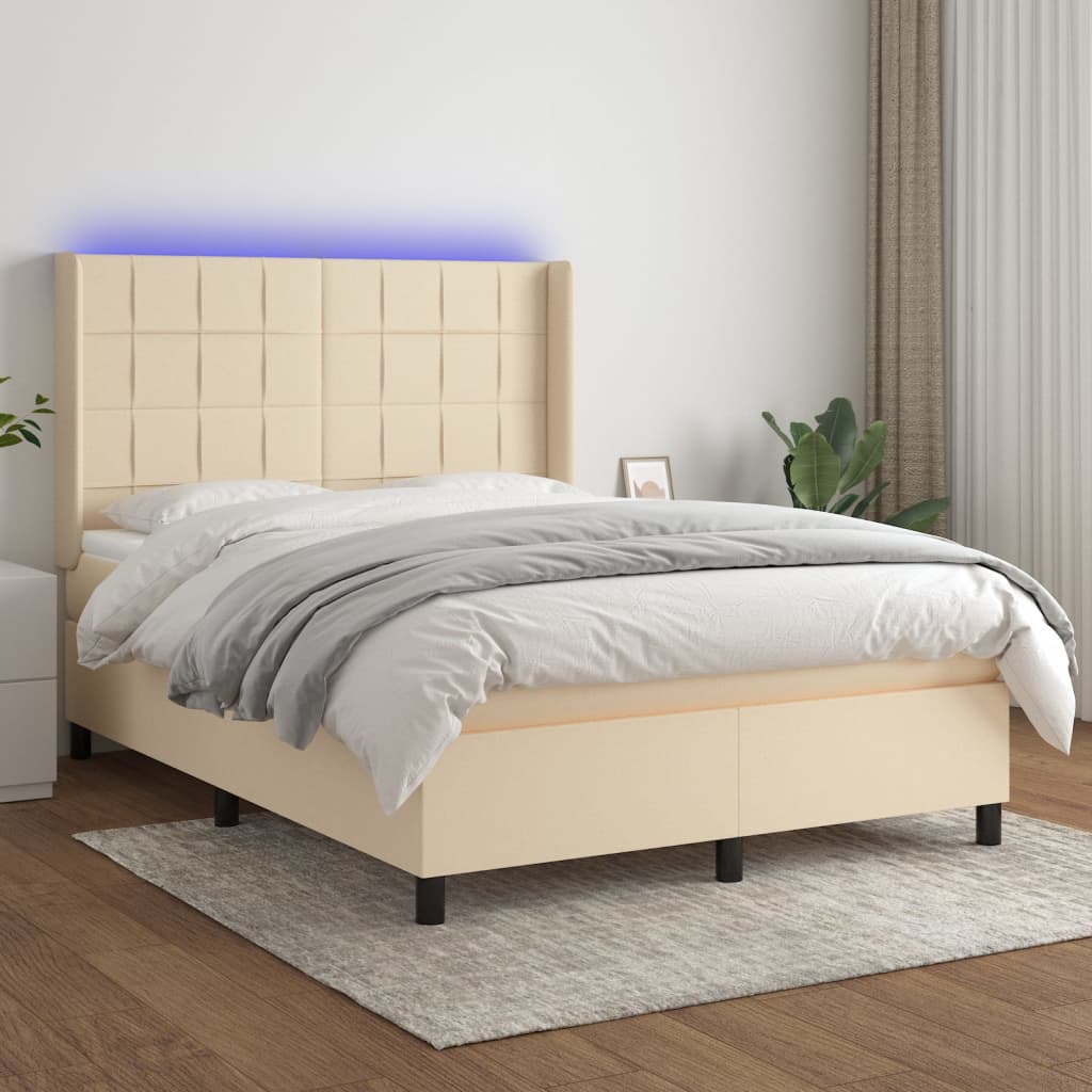 krémszínű szövet rugós és LED-es ágy matraccal 140x200 cm