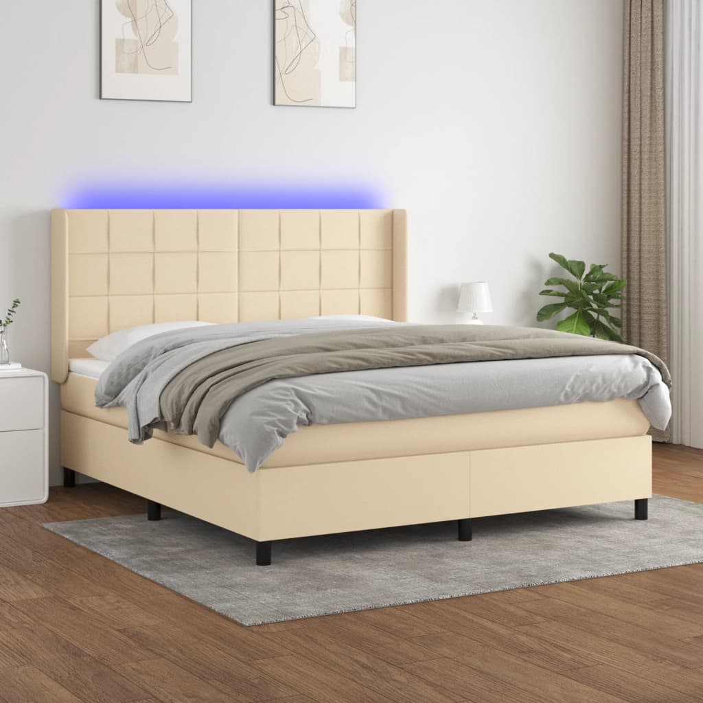 krémszínű szövet rugós és LED-es ágy matraccal 160x200 cm