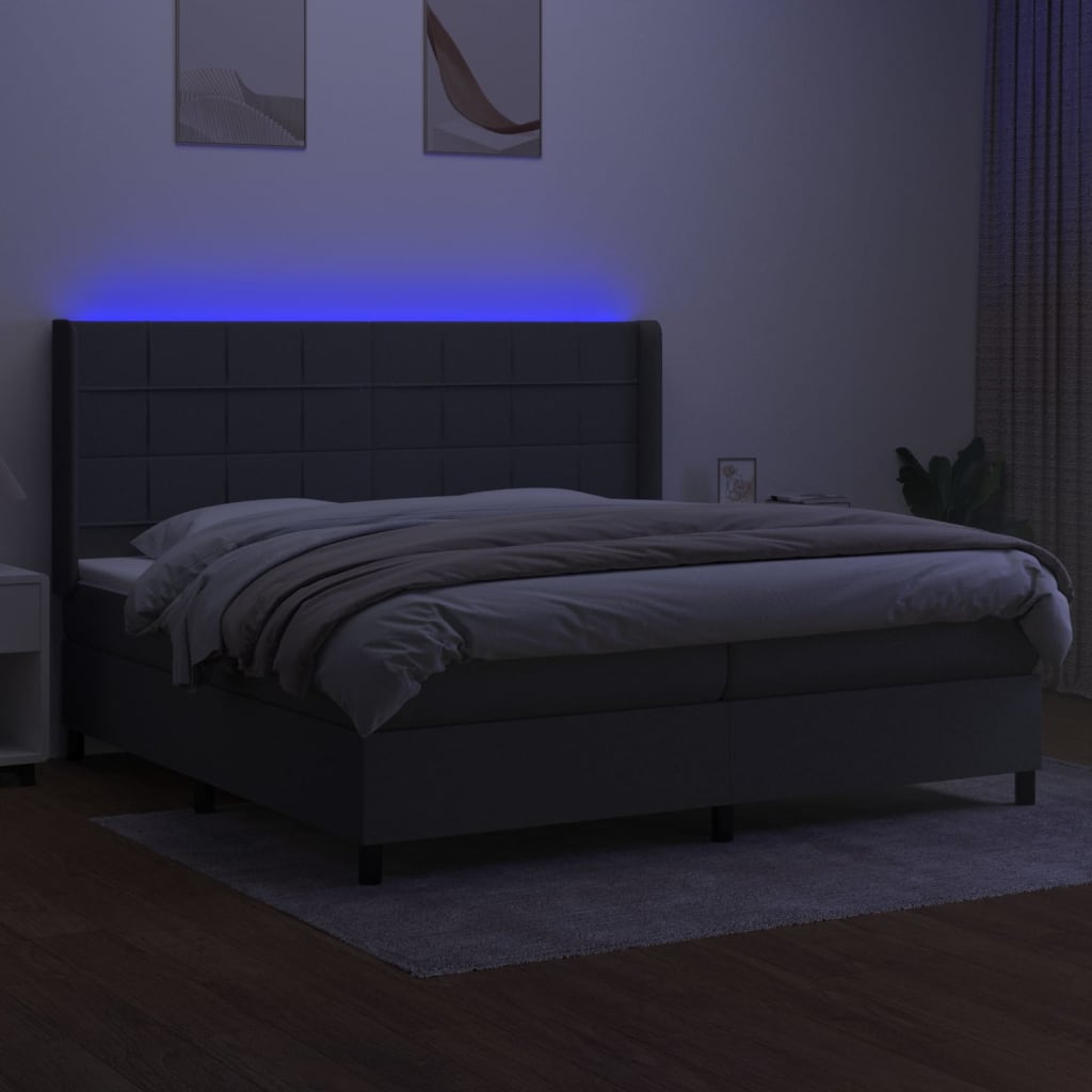 sötétszürke szövet rugós és LED-es ágy matraccal 200x200 cm