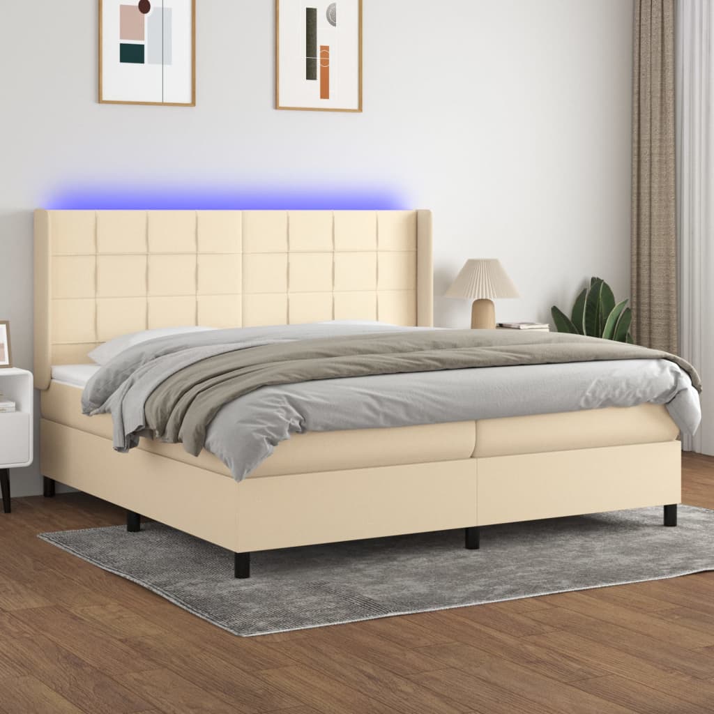 krémszínű szövet rugós és LED-es ágy matraccal 200 x 200 cm