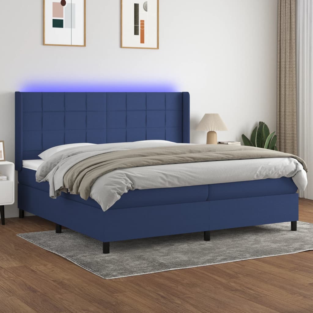 kék szövet rugós és LED-es ágy matraccal 200 x 200 cm