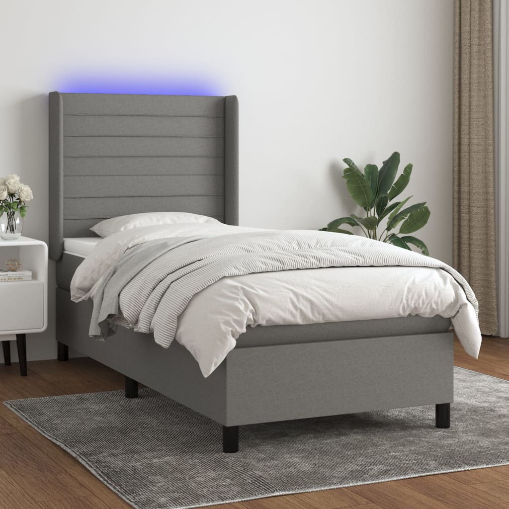 sötétszürke szövet rugós és LED-es ágy matraccal 80 x 200 cm