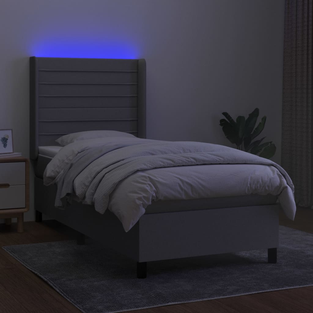 világosszürke szövet rugós és LED-es ágy matraccal 90x190 cm